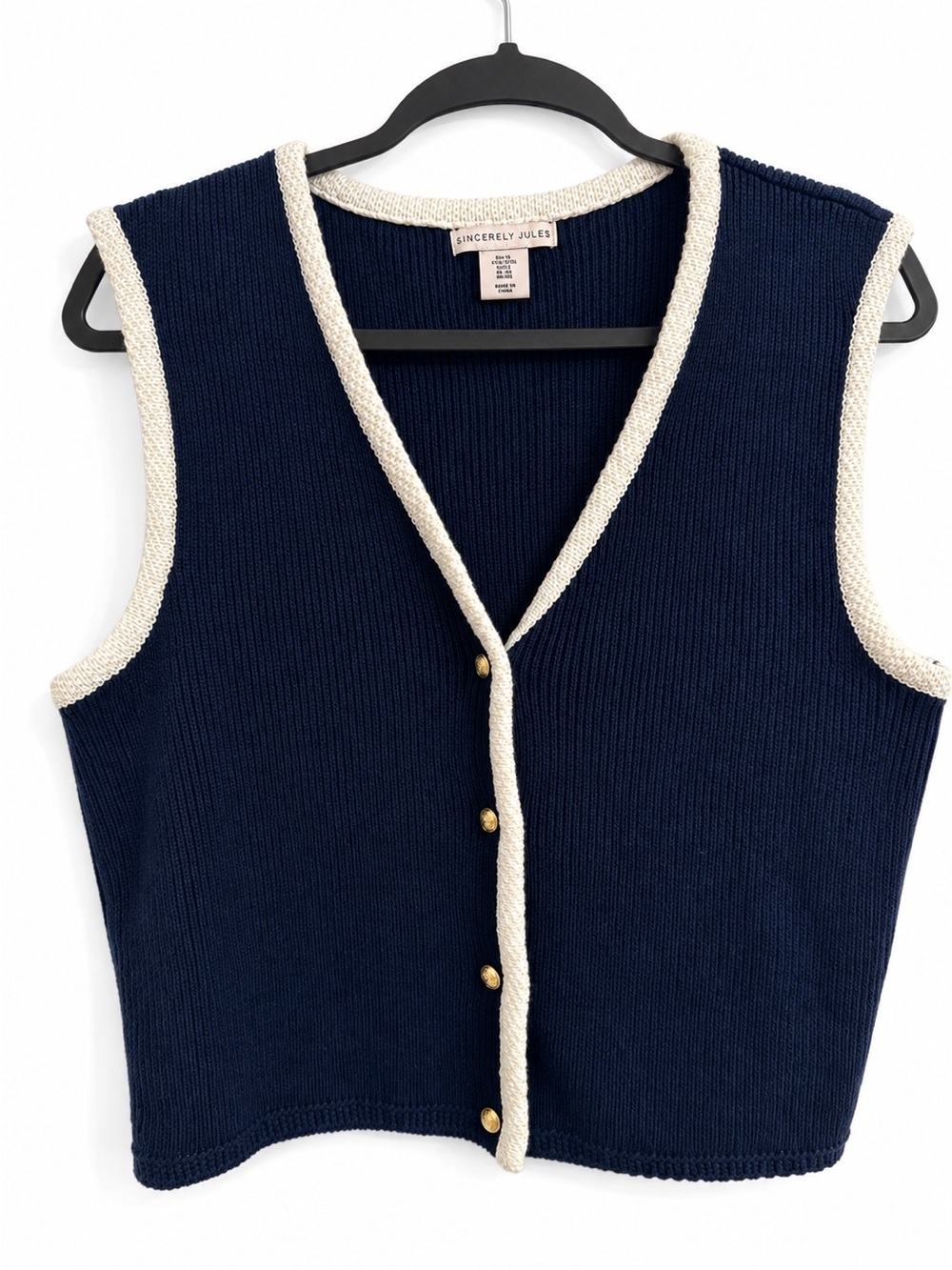 Sincerely Jules Navy Blue Cream Trim Knit Sweater Vest Gold Buttons Nautical XL